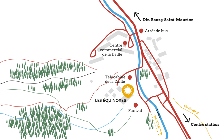 Access map: from Bourg-Saint-Maurice, follow Val d'Isère. At the first roundabout, continue straight. After Le Barillon, take the first on your right, cross the bridge and continue to the left of the ski pass sales point. You arrive straight in front of The Equinoxes.